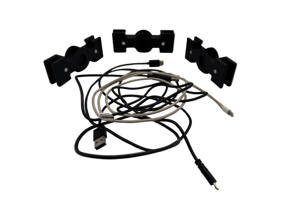 Set of black metal brackets and cables on a white background