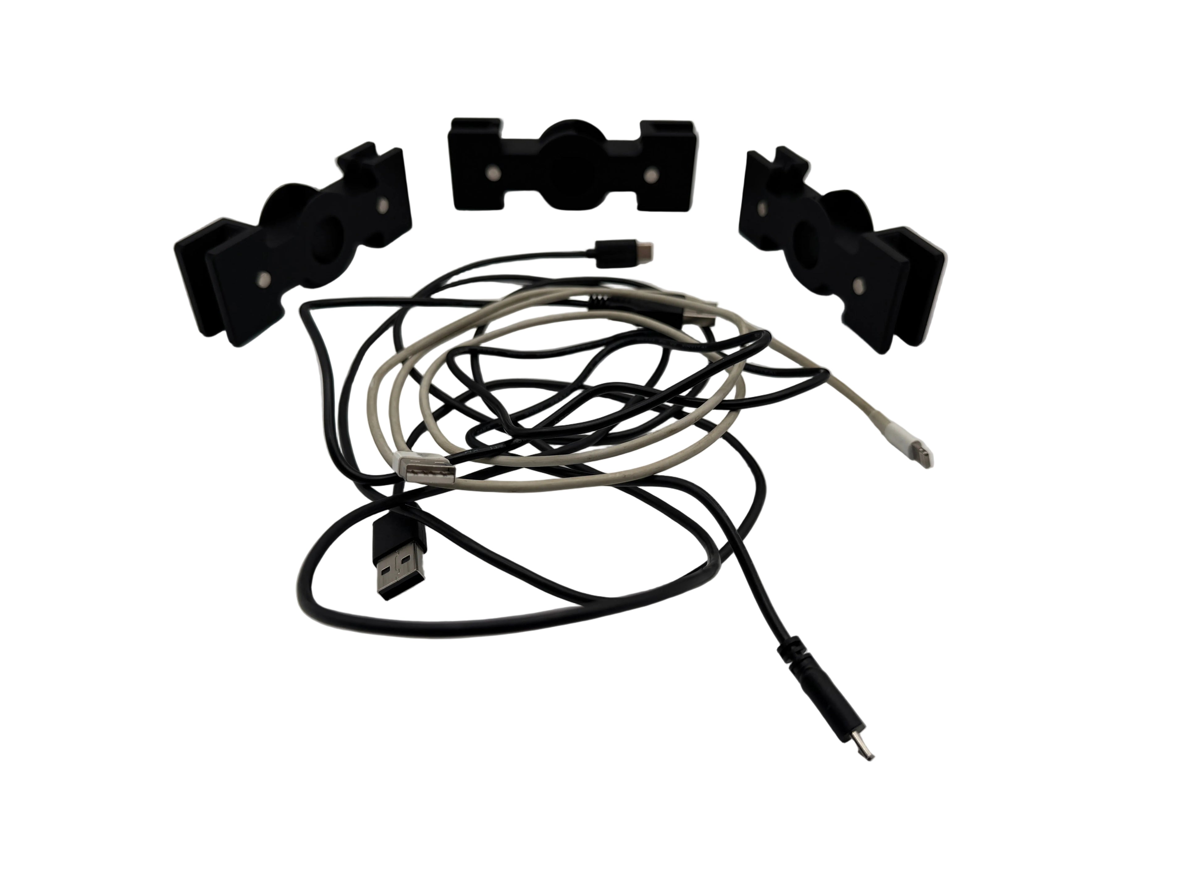 Set of black metal brackets and cables on a white background
